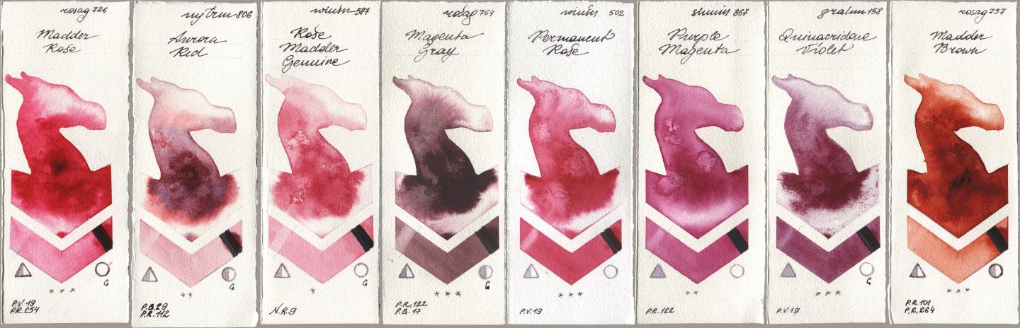 Rosa Gallery 726 Madder Rose, Mijello Mission Gold 806 Aurora Red, Winsor & Newton Professional 587 Rose Madder Genuine, 764 Magenta Gray, 502 Permanent Rose, Shminke Horadam Aquarell 367 Purple Magenta, M. Graham & Co. Artists 158 Quinacridone Violet, 757 Madder Bro watercolor swatch