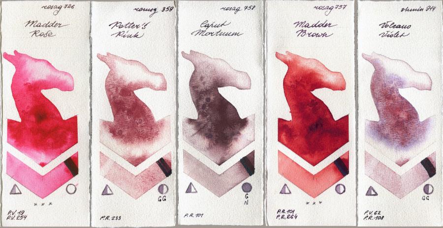 Rosa Gallery 726 Madder Rose vs Roman Szmal Aquarius 359 Potters Pink vs 758 Caput Mortuum vs 757 Madder Brown vs Shminke Horadam Aquarell 914 Volcano Violet watercolor swatch
