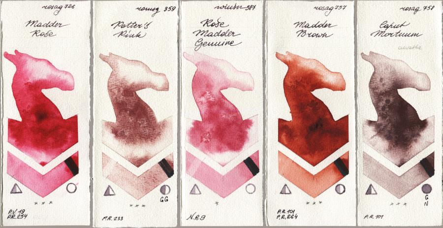 Rosa Gallery 726 Madder Rose vs Roman Szmal Aquarius 359 Potters Pink vs Winsor & Newton Professional 587 Rose Madder Genuine vs 757 Madder Brown vs 758 Caput Mortuum watercolor swatch