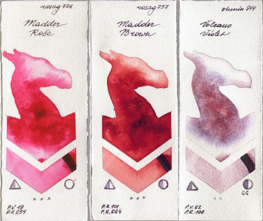 Rosa Gallery 726 Madder Rose vs 757 Madder Brown vs Shminke Horadam Aquarell 914 Volcano Violet watercolor swatch