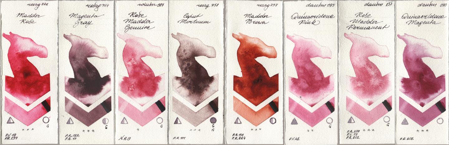 Rosa Gallery 726 Madder Rose, 764 Magenta Gray, Winsor & Newton Professional 587 Rose Madder Genuine, 758 Caput Mortuum, 757 Madder Brown, Daniel Smith 095 Quinacridone Pink, 237 Rose Madder Permanent, 090 Quinacridone Magen watercolor swatch