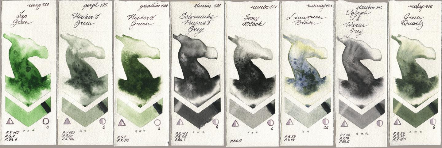 Rosa Gallery 728 Sap Green, Golden QOR 395 Hookers Green, M. Graham & Co. Artists 108 Hookers Green, Shminke Horadam Aquarell 783 Schmincke Paynes Grey, Royal Talens Rembrandt Watercolour 701 Ivory Black, Rockwell 143 Limugreen Brown, Daniel Smith 246 Joseph Zs Warm Grey, 786 Green Quar watercolor swatch