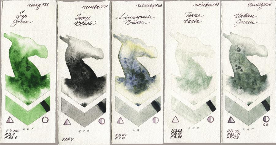 Rosa Gallery 728 Sap Green vs Royal Talens Rembrandt Watercolour 701 Ivory Black vs Rockwell 143 Limugreen Brown vs Winsor & Newton Professional 637 Terre Verte vs Shminke Horadam Aquarell 936 Urban Green watercolor swatch