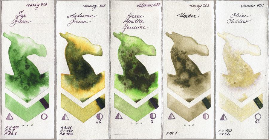 Rosa Gallery 728 Sap Green vs Roman Szmal Aquarius 363 Autumn Green vs Daniel Smith 197 Green Apatite Genuine vs 722 Umber vs Shminke Horadam Aquarell 931 Shire Yellow watercolor swatch