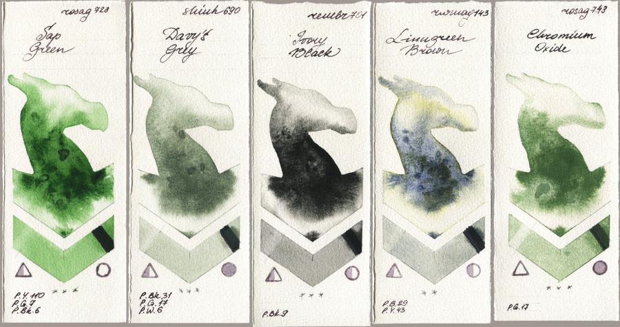 Rosa Gallery 728 Sap Green vs Shinhan PWC 690 Davys Grey vs Royal Talens Rembrandt Watercolour 701 Ivory Black vs Rockwell 143 Limugreen Brown vs 743 Chromium Oxide watercolor swatch