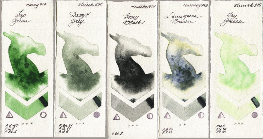 Rosa Gallery 728 Sap Green vs Shinhan PWC 690 Davys Grey vs Royal Talens Rembrandt Watercolour 701 Ivory Black vs Rockwell 143 Limugreen Brown vs Shminke Akademie Aquarell 915 Icy Green watercolor swatch