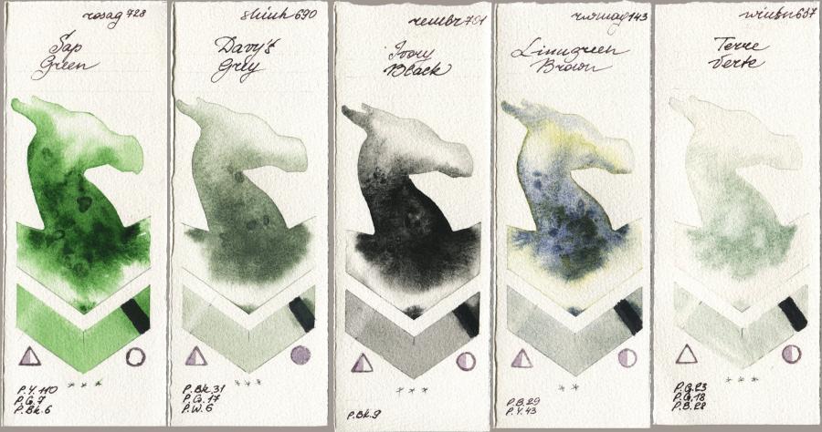 Rosa Gallery 728 Sap Green vs Shinhan PWC 690 Davys Grey vs Royal Talens Rembrandt Watercolour 701 Ivory Black vs Rockwell 143 Limugreen Brown vs Winsor & Newton Professional 637 Terre Verte watercolor swatch