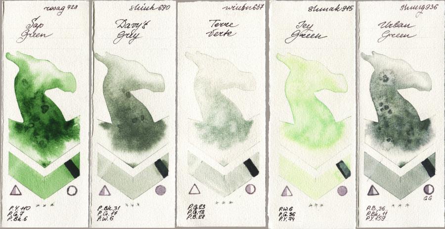 Rosa Gallery 728 Sap Green vs Shinhan PWC 690 Davys Grey vs Winsor & Newton Professional 637 Terre Verte vs Shminke Akademie Aquarell 915 Icy Green vs Shminke Horadam Aquarell 936 Urban Green watercolor swatch
