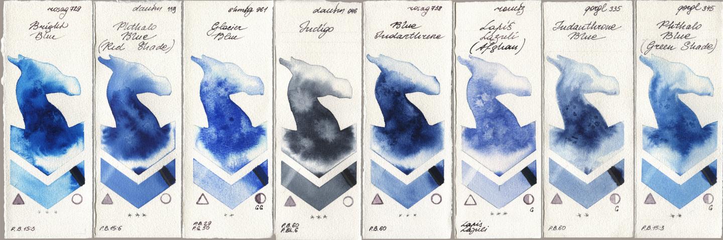 Rosa Gallery 729 Bright Blue, Daniel Smith 119 Phthalo Blue (Red Shade), Shminke Horadam Aquarell 961 Glacier Blue, 046 Indigo, 738 Blue Indanthrene, Roman Szmal Aquarius 999 Lapis Lazuli Afghan, Golden QOR 335 Indanthrone Blue, 345 Phthalo Blue (Green Shad watercolor swatch