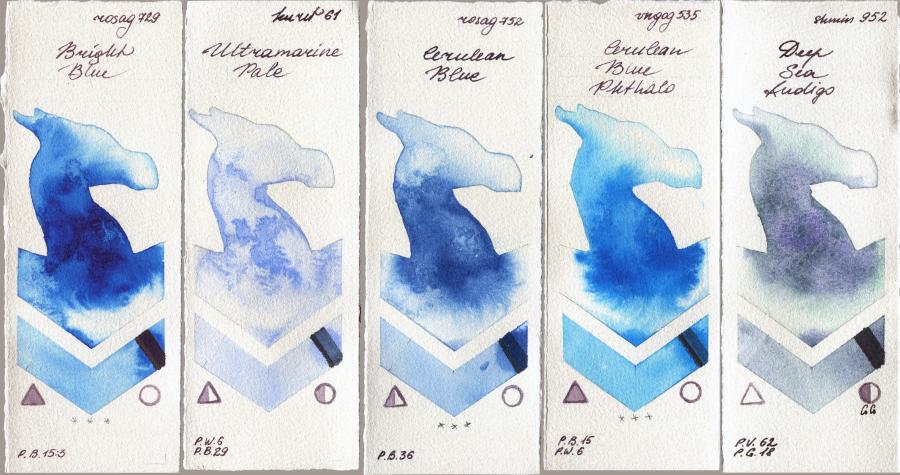 Rosa Gallery 729 Bright Blue vs Kuretake Gansai Tambi 61 Ultramatire Pale vs 752 Cerulean Blue vs Van Gogh Watercolour 535 Cerulean Blue Phthalo vs Shminke Horadam Aquarell 952 Deep Sea Indigo watercolor swatch