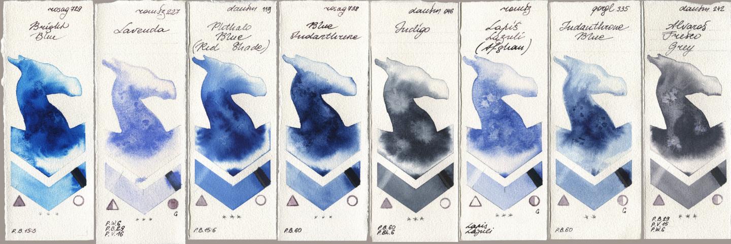 Rosa Gallery 729 Bright Blue, Roman Szmal Aquarius 227 Lavenda, Daniel Smith 119 Phthalo Blue (Red Shade), 738 Blue Indanthrene, 046 Indigo, 999 Lapis Lazuli Afghan, Golden QOR 335 Indanthrone Blue, 242 Alvaros Fresco Gr watercolor swatch