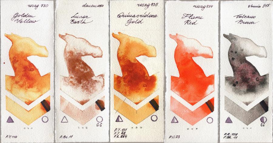 Rosa Gallery 730 Golden Yellow vs Daniel Smith 050 Lunar Earth vs 735 Quinacridone Gold vs 734 Flame Red vs Shminke Horadam Aquarell 915 Volcano Brown watercolor swatch