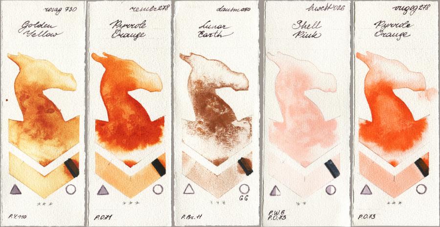 Rosa Gallery 730 Golden Yellow vs Royal Talens Rembrandt Watercolour 278 Pyrrole Orange vs Daniel Smith 050 Lunar Earth vs Holbein Artists Watercolor 026 Shell Pink vs Royal Talens Van Gogh Watercolour 278 Pyrrole Orange watercolor swatch