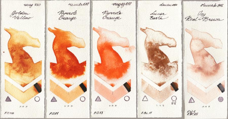 Rosa Gallery 730 Golden Yellow vs Royal Talens Rembrandt Watercolour 278 Pyrrole Orange vs Royal Talens Van Gogh Watercolour 278 Pyrrole Orange vs Daniel Smith 050 Lunar Earth vs Shminke Akademie Aquarell 916 Icy Red-Brown watercolor swatch