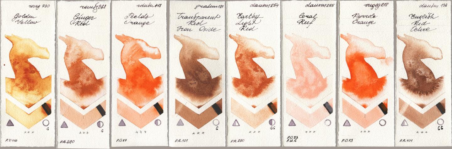 Rosa Gallery 730 Golden Yellow, Roman Szmal Aquarius 368 Genger Red, Winsor & Newton Professional 418 Fields Orange, M. Graham & Co. Artists 187 Transparent Red Iron Oxide, Daniel Smith 254 Earthy Light Red, 255 Coral Reef, Royal Talens Van Gogh Watercolour 278 Pyrrole Orange, 136 English Red Och watercolor swatch