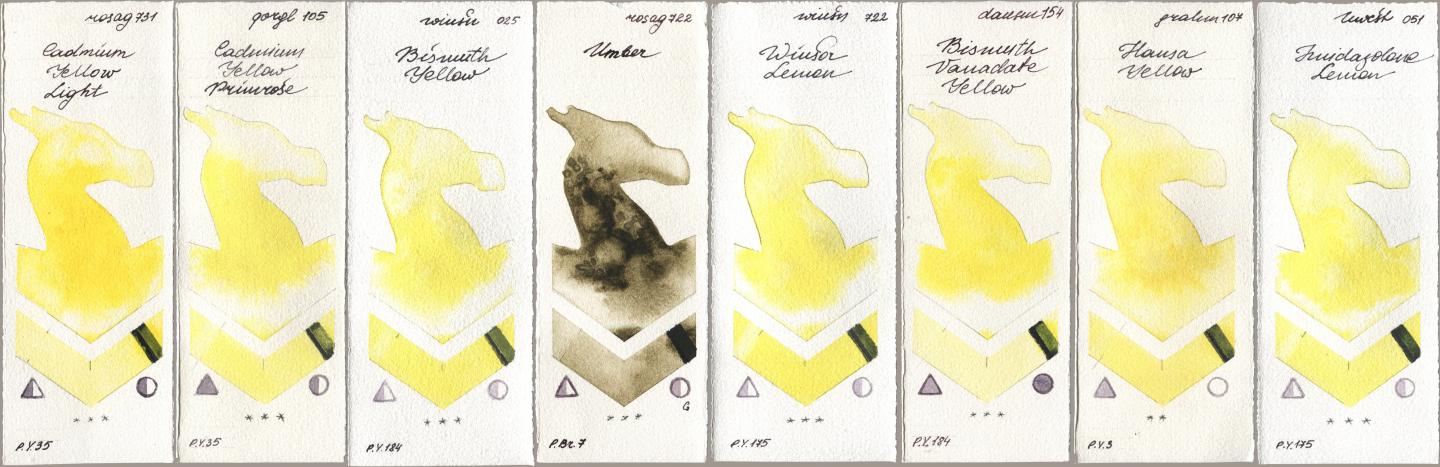 Rosa Gallery 731 Cadmium Yellow Light, Golden QOR 105 Cadmium Yellow Primrose, Winsor & Newton Professional 025 Bismuth Yellow, 722 Umber, 722 Winsor Lemon, Daniel Smith 154 Bismuth Vanadate Yellow, M. Graham & Co. Artists 107 Hansa Yellow, Holbein Artists Watercolor 051 Imidazolone Lem watercolor swatch