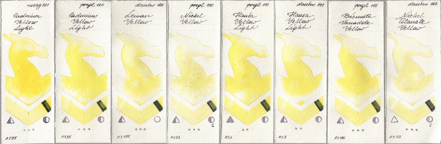 Rosa Gallery 731 Cadmium Yellow Light, Golden QOR 120 Cadmium Yellow Light, Daniel Smith 165 Lemon Yellow, 100 Nickel Yellow, 110 Hansa Yellow Light, 041 Hansa Yellow Light, 115 Bismuth Vanadate Yellow, 062 Nickel Titanate Yell watercolor swatch