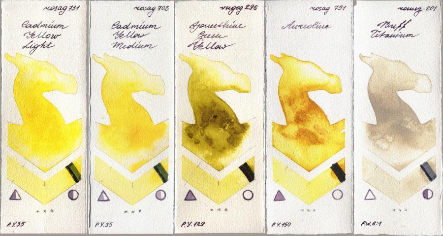 Rosa Gallery 731 Cadmium Yellow Light vs 703 Cadmium Yellow Medium vs Royal Talens Van Gogh Watercolour 296 Azomethine Green Yellow vs 751 Aureoline vs Roman Szmal Aquarius 201 Buff Titanium watercolor swatch