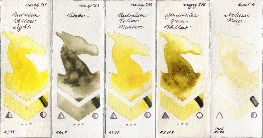 Rosa Gallery 731 Cadmium Yellow Light vs 722 Umber vs 703 Cadmium Yellow Medium vs Royal Talens Van Gogh Watercolour 296 Azomethine Green Yellow vs Kuretake Gansai Tambi 11 Natural Beige watercolor swatch