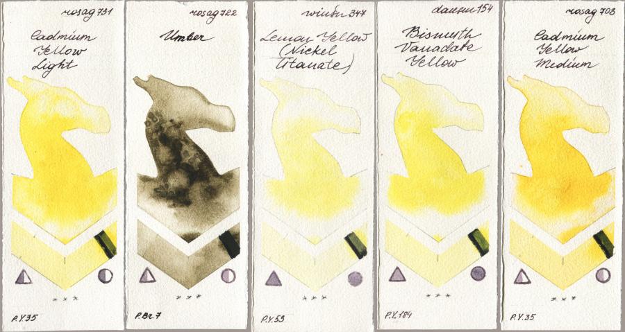 Rosa Gallery 731 Cadmium Yellow Light vs 722 Umber vs Winsor & Newton Professional 347 Lemon Yellow (Nickel Titanate) vs Daniel Smith 154 Bismuth Vanadate Yellow vs 703 Cadmium Yellow Medium watercolor swatch