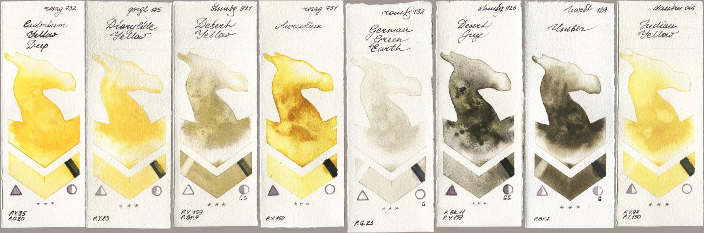Rosa Gallery 732 Cadmium Yellow Deep, Golden QOR 175 Diarylide Yellow, Shminke Horadam Aquarell 921 Desert Yellow, 751 Aureoline, Roman Szmal Aquarius 138 German Green Earth, 925 Desert Grey, Holbein Artists Watercolor 129 Umber, Daniel Smith 045 Indian Yell watercolor swatch