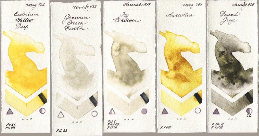 Rosa Gallery 732 Cadmium Yellow Deep vs Roman Szmal Aquarius 138 German Green Earth vs Shminke Akademie Aquarell 917 Icy Brown vs 751 Aureoline vs Shminke Horadam Aquarell 925 Desert Grey watercolor swatch