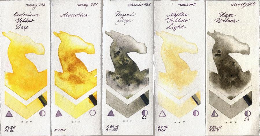 Rosa Gallery 732 Cadmium Yellow Deep vs 751 Aureoline vs Shminke Horadam Aquarell 925 Desert Grey vs 745 Naples Yellow Light vs 969 Haze Brown watercolor swatch