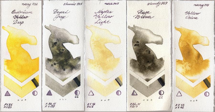 Rosa Gallery 732 Cadmium Yellow Deep vs Shminke Horadam Aquarell 925 Desert Grey vs 745 Naples Yellow Light vs 969 Haze Brown vs 719 Yellow Ochre watercolor swatch