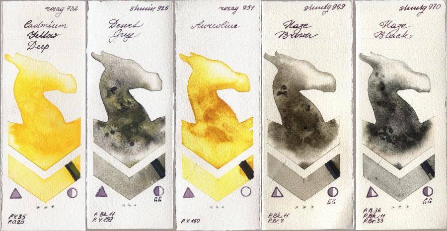 Rosa Gallery 732 Cadmium Yellow Deep vs Shminke Horadam Aquarell 925 Desert Grey vs 751 Aureoline vs 969 Haze Brown vs 970 Haze Black watercolor swatch