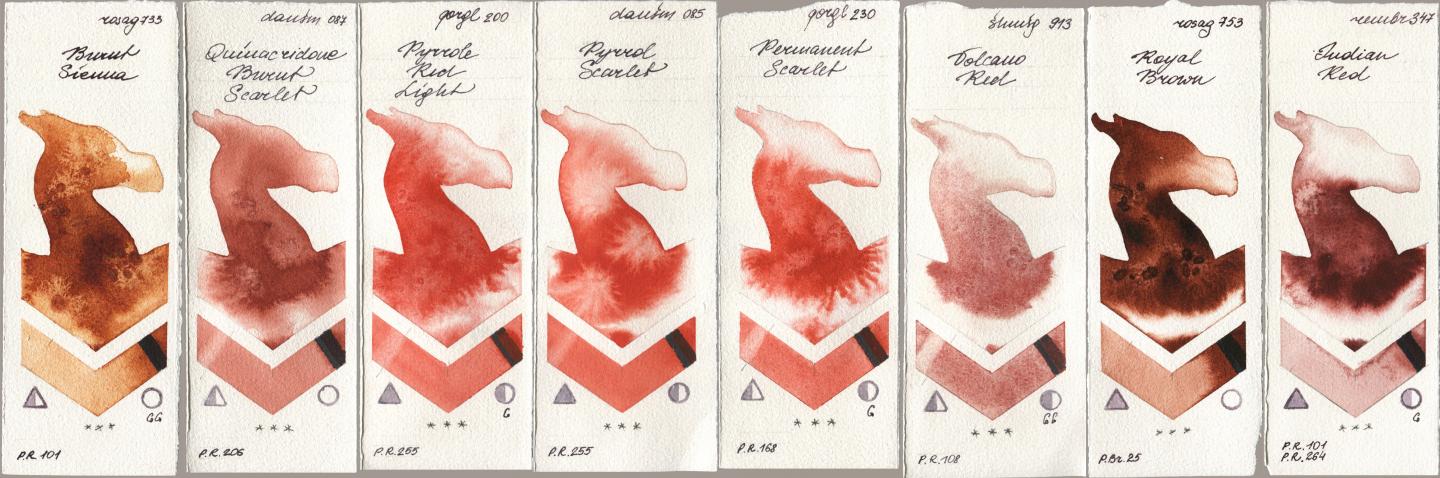 Rosa Gallery 733 Burnt Sienna, Daniel Smith 087 Quinacridone Burnt Scarlet, Golden QOR 200 Pyrrole Red Light, 085 Pyrrol Scarlet, 230 Permanent Scarlet, Shminke Horadam Aquarell 913 Volcano Red, 753 Royal Brown, Royal Talens Rembrandt Watercolour 347 Indian R watercolor swatch