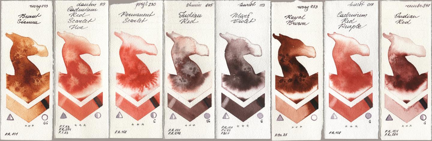 Rosa Gallery 733 Burnt Sienna, Daniel Smith 219 Cadmium Red Scarlet Hue, Golden QOR 230 Permanent Scarlet, Shminke Horadam Aquarell 645 Indian Red, Holbein Artists Watercolor 113 Mars Violet, 753 Royal Brown, 017 Cadmium Red Purple, Royal Talens Rembrandt Watercolour 347 Indian R watercolor swatch