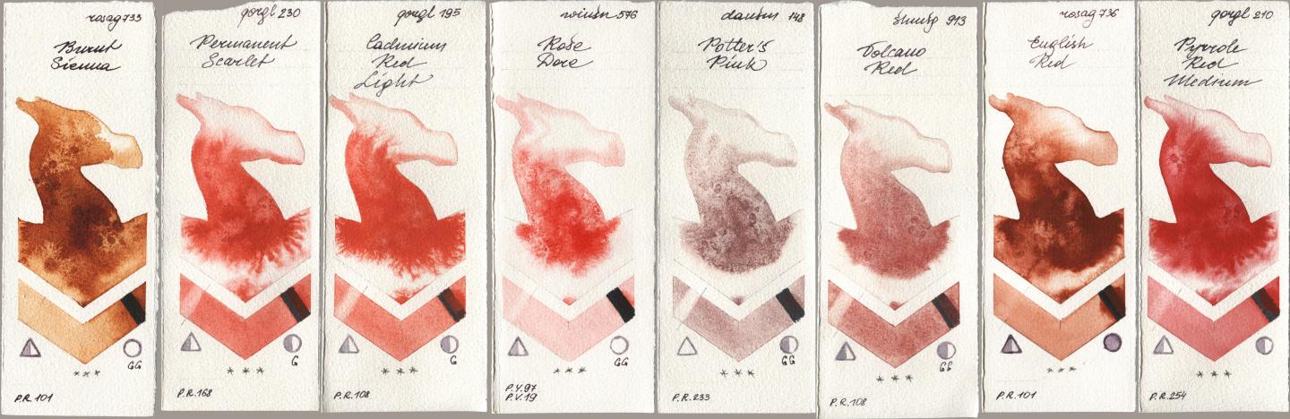 Rosa Gallery 733 Burnt Sienna, Golden QOR 230 Permanent Scarlet, 195 Cadmium Red Light, Winsor & Newton Professional 576 Rose Dore, Daniel Smith 148 Potters Pink, Shminke Horadam Aquarell 913 Volcano Red, 736 English Red, 210 Pyrrole Red Medi watercolor swatch