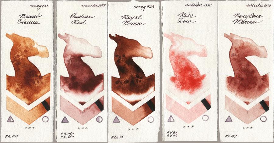 Rosa Gallery 733 Burnt Sienna vs Royal Talens Rembrandt Watercolour 347 Indian Red vs 753 Royal Brown vs Winsor & Newton Professional 576 Rose Dore vs 507 Perylene Maroon watercolor swatch