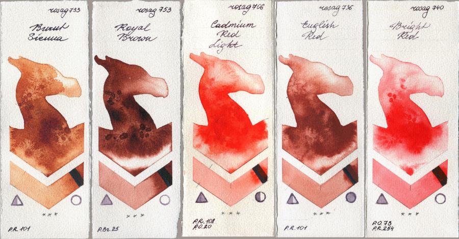 Rosa Gallery 733 Burnt Sienna vs 753 Royal Brown vs 706 Cadmium Red Light vs 736 English Red vs 740 Bright Red watercolor swatch