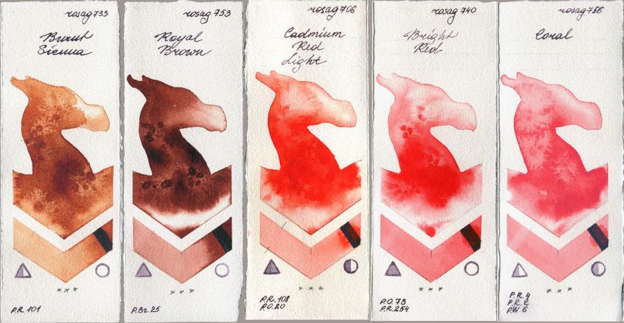 Rosa Gallery 733 Burnt Sienna vs 753 Royal Brown vs 706 Cadmium Red Light vs 740 Bright Red vs 756 Coral watercolor swatch