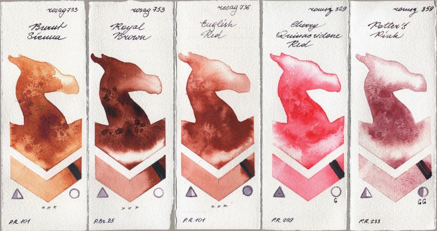 Rosa Gallery 733 Burnt Sienna vs 753 Royal Brown vs 736 English Red vs Roman Szmal Aquarius 329 Cherry Quinacridone Red vs 359 Potters Pink watercolor swatch
