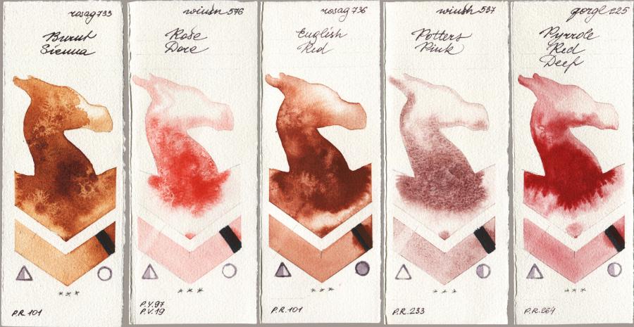 Rosa Gallery 733 Burnt Sienna vs Winsor & Newton Professional 576 Rose Dore vs 736 English Red vs 537 Potters Pink vs Golden QOR 225 Pyrrole Red Deep watercolor swatch