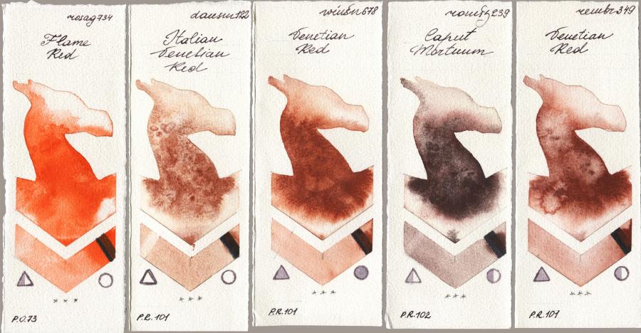 Rosa Gallery 734 Flame Red vs Daniel Smith 122 Italian Venetian Red vs Winsor & Newton Professional 678 Venetian Red vs Roman Szmal Aquarius 239 Caput Mortuum vs Royal Talens Rembrandt Watercolour 349 Venerian Red watercolor swatch