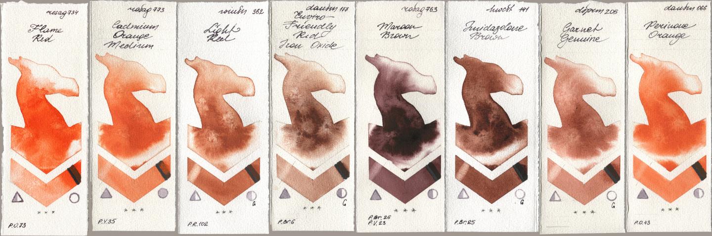 Rosa Gallery 734 Flame Red, 773 Cadmium Orange Medium, Winsor & Newton Professional 362 Light Red, Daniel Smith 177 Enviro-Friendly Red Iron Oxide, 763 Maroon Brown, Holbein Artists Watercolor 141 Imidazolone Brown, 205 Garnet Genuine, 066 Perinone Oran watercolor swatch
