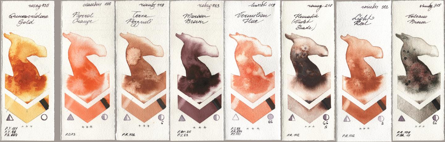 Rosa Gallery 735 Quinacridone Gold, Daniel Smith 126 Pyrrol Orange, Roman Szmal Aquarius 119 Terra Pozzuoli, 763 Maroon Brown, Holbein Artists Watercolor 019 Vermilion Hue, 248 Hematite (Violet Shade), Winsor & Newton Professional 362 Light Red, Shminke Horadam Aquarell 915 Volcano Bro watercolor swatch