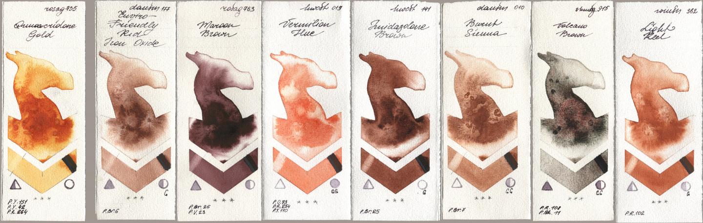 Rosa Gallery 735 Quinacridone Gold, Daniel Smith 177 Enviro-Friendly Red Iron Oxide, 763 Maroon Brown, Holbein Artists Watercolor 019 Vermilion Hue, 141 Imidazolone Brown, 010 Burnt Sienna, Shminke Horadam Aquarell 915 Volcano Brown, Winsor & Newton Professional 362 Light R watercolor swatch