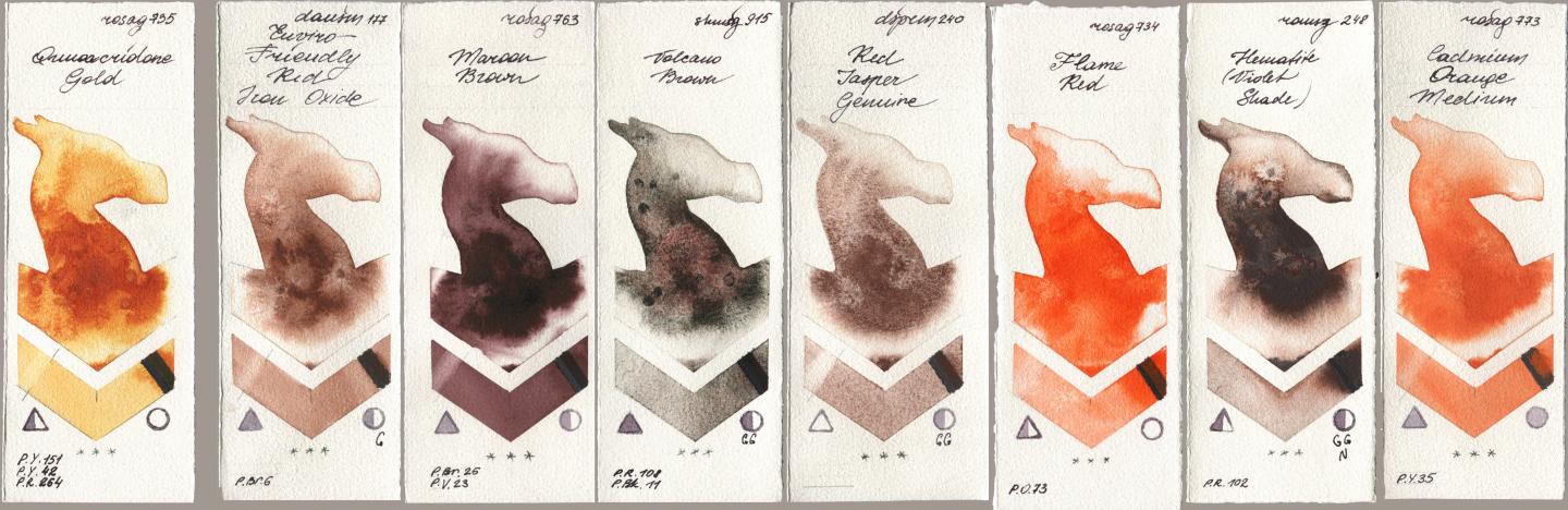 Rosa Gallery 735 Quinacridone Gold, Daniel Smith 177 Enviro-Friendly Red Iron Oxide, 763 Maroon Brown, Shminke Horadam Aquarell 915 Volcano Brown, 240 Red Jasper Genuine, 734 Flame Red, Roman Szmal Aquarius 248 Hematite (Violet Shade), 773 Cadmium Orange Medi watercolor swatch