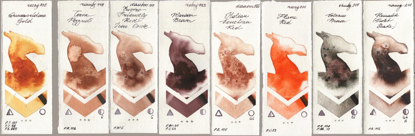 Rosa Gallery 735 Quinacridone Gold, Roman Szmal Aquarius 119 Terra Pozzuoli, Daniel Smith 177 Enviro-Friendly Red Iron Oxide, 763 Maroon Brown, 122 Italian Venetian Red, 734 Flame Red, Shminke Horadam Aquarell 915 Volcano Brown, 248 Hematite (Violet Shad watercolor swatch