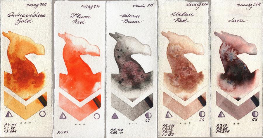 Rosa Gallery 735 Quinacridone Gold vs 734 Flame Red vs Shminke Horadam Aquarell 915 Volcano Brown vs 926 Urban Red vs Roman Szmal Aquarius 384 Lava watercolor swatch