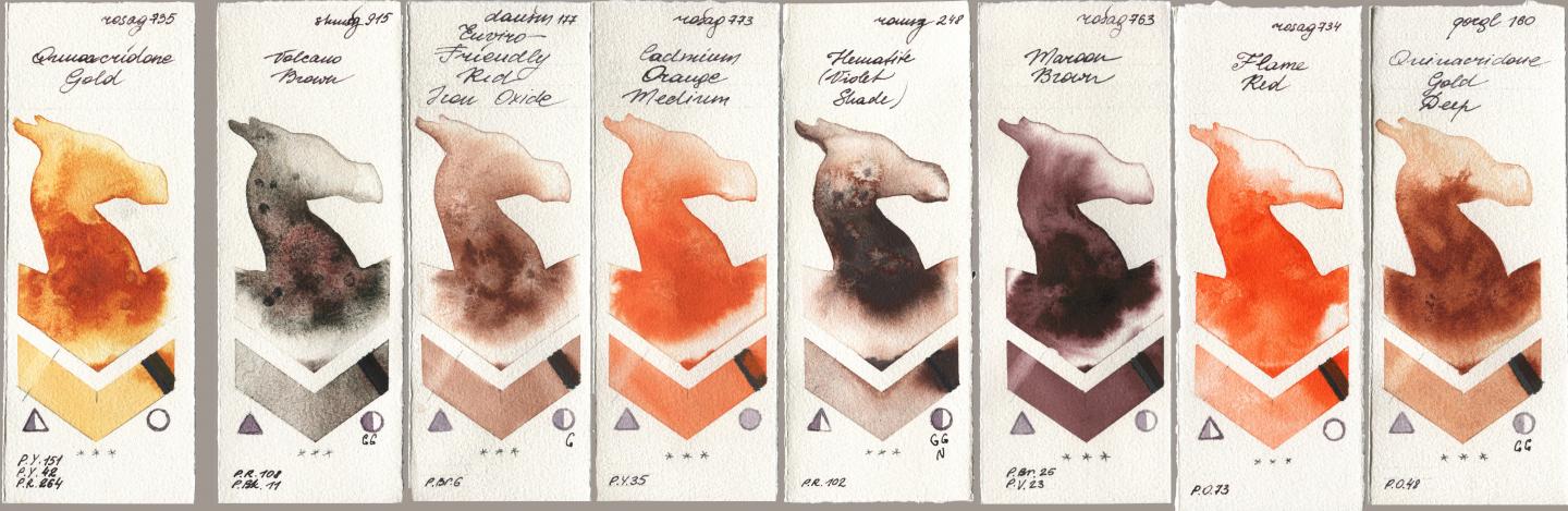 Rosa Gallery 735 Quinacridone Gold, Shminke Horadam Aquarell 915 Volcano Brown, Daniel Smith 177 Enviro-Friendly Red Iron Oxide, 773 Cadmium Orange Medium, Roman Szmal Aquarius 248 Hematite (Violet Shade), 763 Maroon Brown, 734 Flame Red, Golden QOR 160 Quinacridone Gold De watercolor swatch