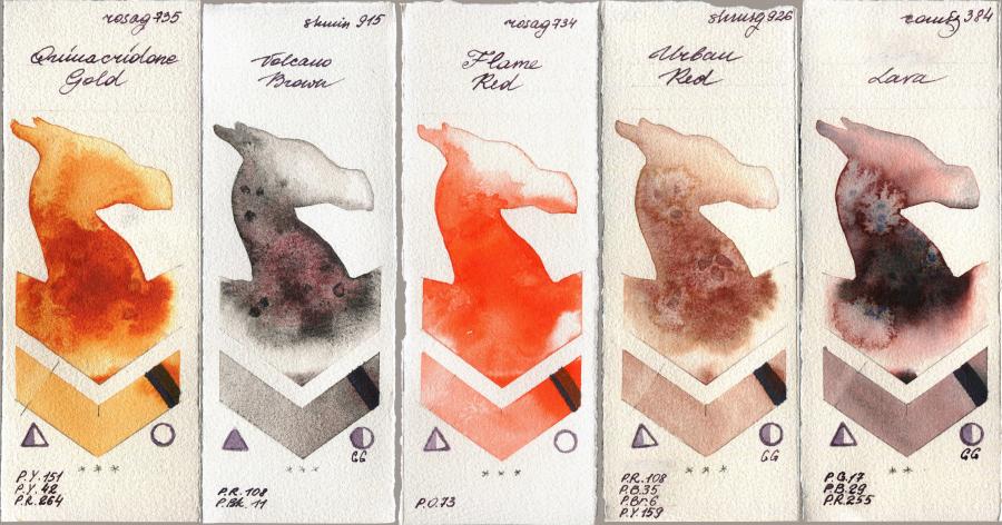 Rosa Gallery 735 Quinacridone Gold vs Shminke Horadam Aquarell 915 Volcano Brown vs 734 Flame Red vs 926 Urban Red vs Roman Szmal Aquarius 384 Lava watercolor swatch