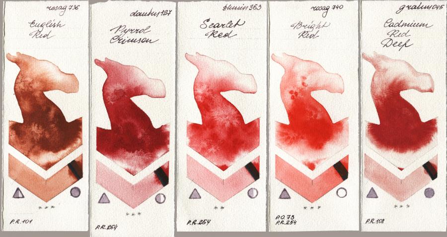 Rosa Gallery 736 English Red vs Daniel Smith 127 Pyrrol Crimson vs Shminke Horadam Aquarell 363 Scarlet Red vs 740 Bright Red vs M. Graham & Co. Artists 045 Cadmium Red Deep watercolor swatch