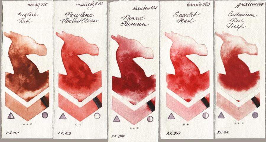 Rosa Gallery 736 English Red vs Roman Szmal Aquarius 370 Perylene Vermillion vs Daniel Smith 127 Pyrrol Crimson vs Shminke Horadam Aquarell 363 Scarlet Red vs M. Graham & Co. Artists 045 Cadmium Red Deep watercolor swatch
