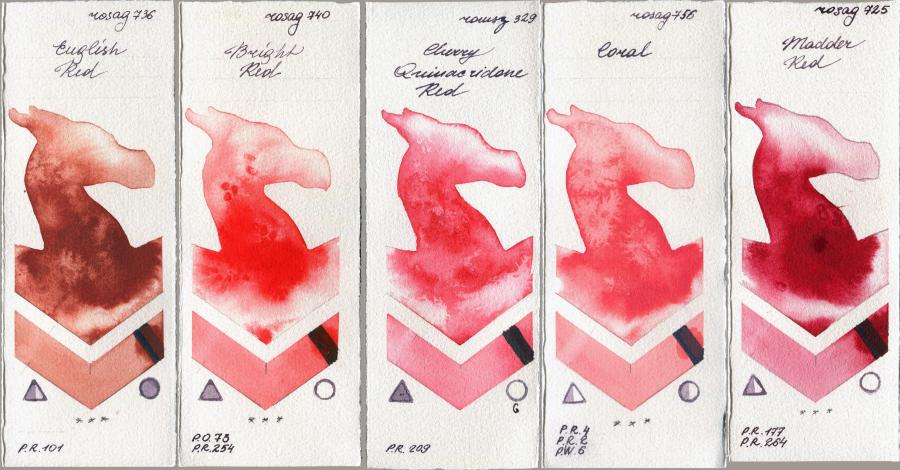 Rosa Gallery 736 English Red vs 740 Bright Red vs Roman Szmal Aquarius 329 Cherry Quinacridone Red vs 756 Coral vs 725 Madder Red watercolor swatch