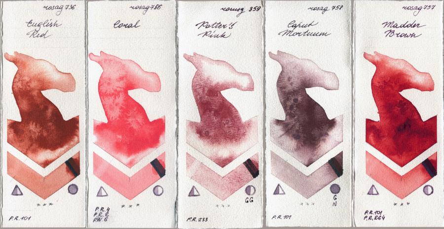 Rosa Gallery 736 English Red vs 756 Coral vs Roman Szmal Aquarius 359 Potters Pink vs 758 Caput Mortuum vs 757 Madder Brown watercolor swatch